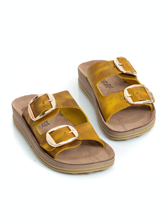 Despoina Leather Women's Flat Sandals Anatomic in Yellow Color