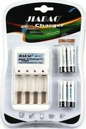 Jiabao A-613 Charger 4 Batteries Ni-Cd/Ni-MH Size AA/AAA/9V Set with 4x AAA 600mAh in White color