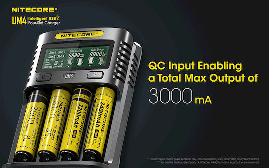 NiteCore UM4 Charger 4 Batteries Li-ion/Ni-Cd/Ni-MH Size AA/AAA/D/18650/16340/26650/14500