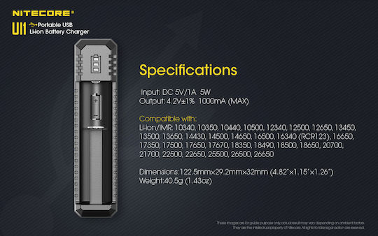 NiteCore UI1 USB Charger Batteries Li-ion Size 18650/16340/26650/14500