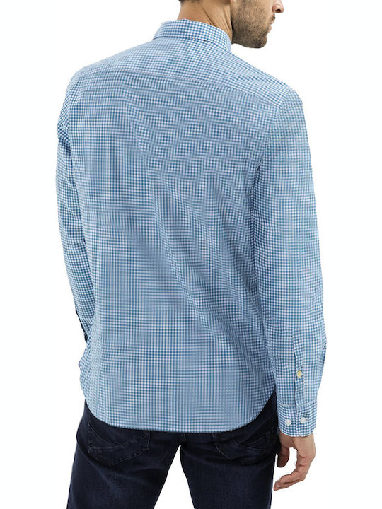 Camel Active Men's Checked Shirt with Long Sleeves Regular Fit Light Blue