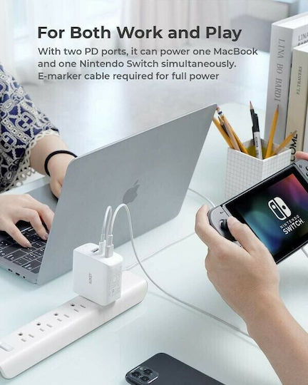 Aukey Φορτιστής Χωρίς Καλώδιο GaN με Θύρα USB-A και 2 Θύρες USB-C 90W Power Delivery Λευκός (PA-B6S)