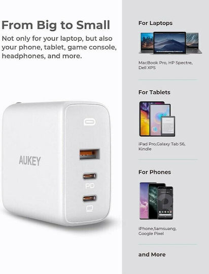 Aukey Φορτιστής Χωρίς Καλώδιο GaN με Θύρα USB-A και 2 Θύρες USB-C 90W Power Delivery Λευκός (PA-B6S)