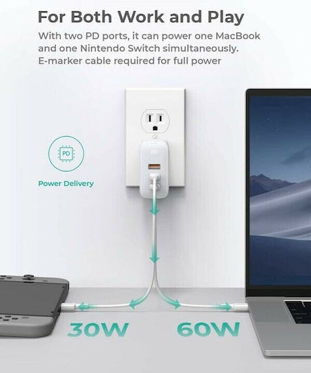 Aukey Φορτιστής Χωρίς Καλώδιο GaN με Θύρα USB-A και 2 Θύρες USB-C 90W Power Delivery Λευκός (PA-B6S)