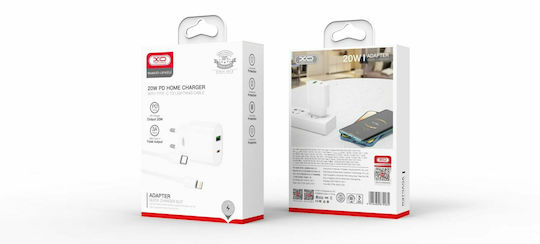 XO Charger with USB-A Port and USB-C Port and Cable USB-C - Lightning 18W Power Delivery / Quick Charge 3.0 Whites (L81A)
