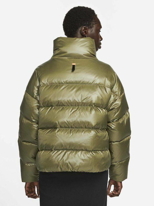 Sportswear Women's Short Puffer Jacket Waterproof for Winter Khaki