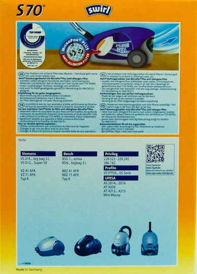 Swirl S70 Σακούλες Σκούπας 4τμχ Συμβατή με Σκούπα Bosch / Siemens