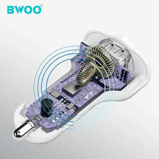 BWOO Car Charger 30W Fast Charging with Ports: 1xUSB 1xType-C White Color