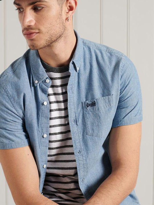 Basic Classic University Oxford Short-sleeved Cotton Shirt Blue