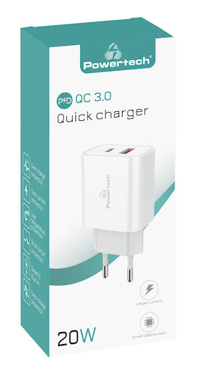 Powertech Încărcător Fără Cablu cu Port USB-A și Port USB-C 20W Livrarea energiei / Quick Charge 3.0 Albς (PT-977)