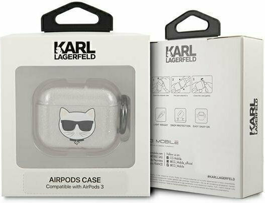 Karl Lagerfeld Choupette Glitter Silicone Case with Keychain Silver for Apple AirPods 3