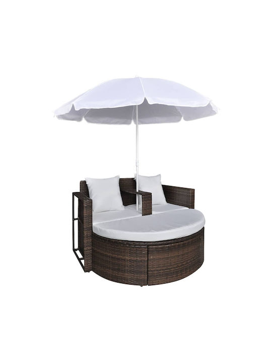 Deckchair Double Rattan with Cushion & Sunshade Brown 2pcs 130x58x77cm.