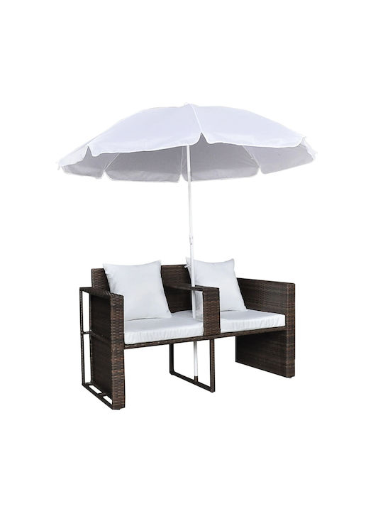 Deckchair Double Rattan with Cushion & Sunshade Brown 2pcs 130x58x77cm.