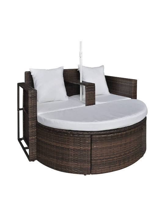 Deckchair Double Rattan with Cushion & Sunshade Brown 2pcs 130x58x77cm.