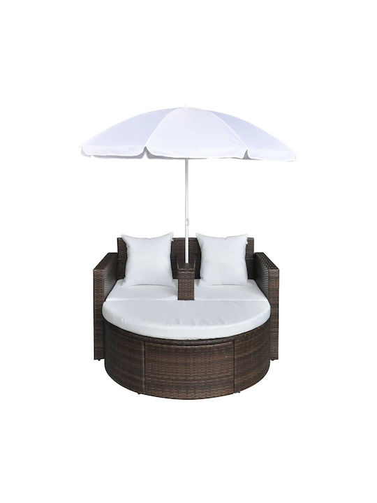 Deckchair Double Rattan with Cushion & Sunshade Brown 2pcs 130x58x77cm.