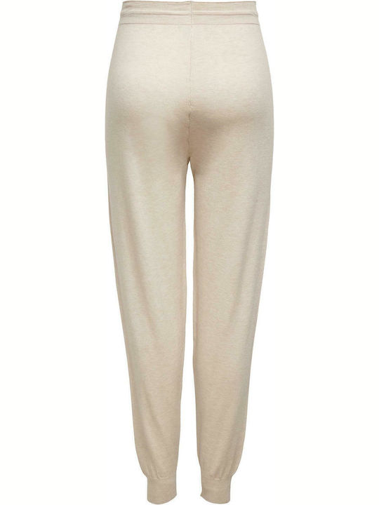 Women's High-waisted Fabric Trousers with Elastic Slim Fit Beige