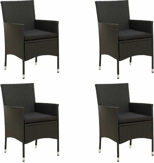 Outdoor Chair Rattan Black Velvet-Black Metal with Cushion 4pcs 61x60x88cm