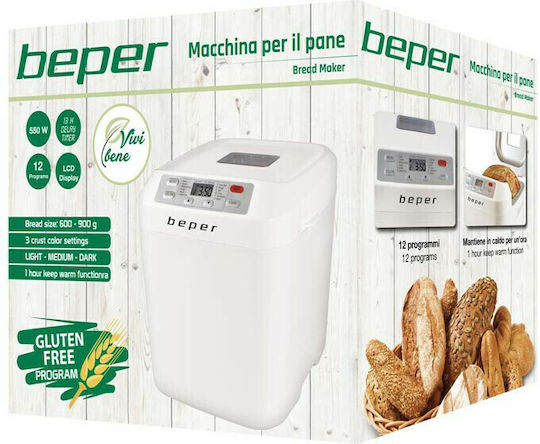 Beper Bread Maker 550W with Container Capacity 900gr and 12 Baking Programs