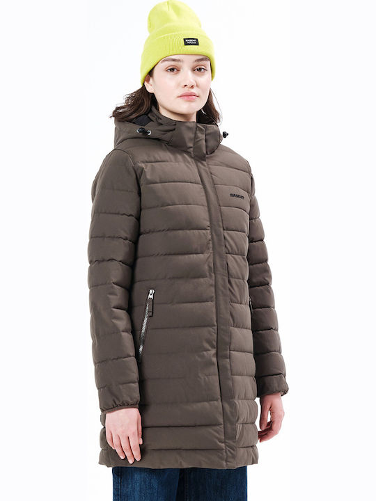 Women's Long Puffer Jacket Waterproof and Windproof for Winter with Hood Khaki