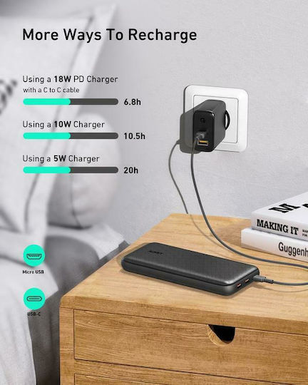 Aukey PB-N93 Power Bank 20000mAh με 2 Θύρες USB-A και Θύρα USB-C Μαύρο