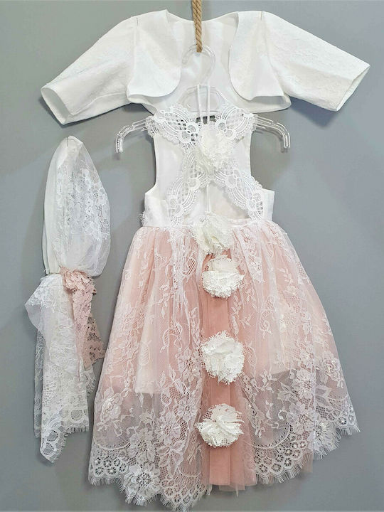 Carousel Rosa Taufset Kleidung mit Haar-Accessoires , Strickjacke & Kleid aus Spitze 3Stück