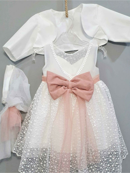 Carousel White Baptism Clothing Set with Hair Accessories , Cardigan & Dress made of Tulle 3pcs