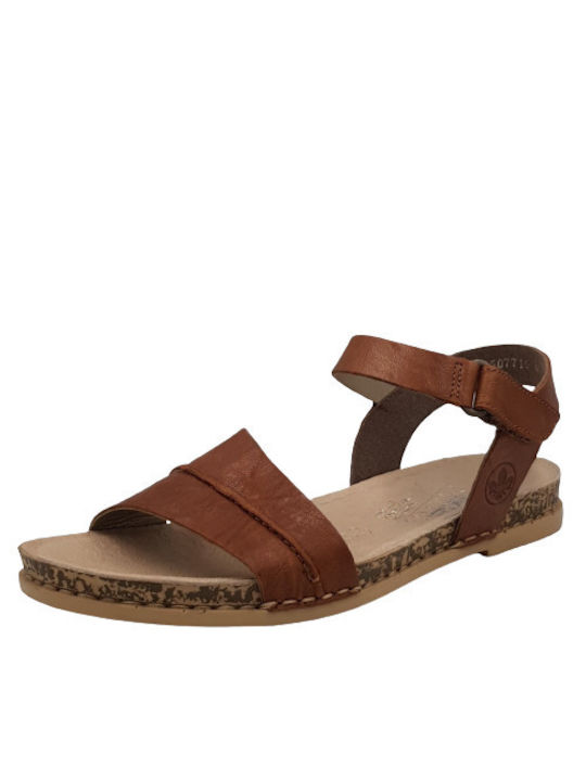 Rieker Leather Women's Flat Sandals Anatomic in Tabac Brown Color