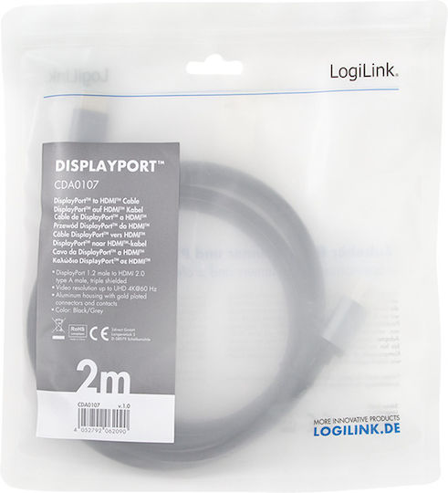 LogiLink Kabel DisplayPort-Stecker - HDMI-Stecker 2m Schwarz (CDA0107)