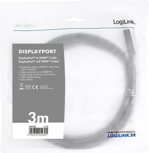 LogiLink Cable DisplayPort male - HDMI male 3m Μαύρο (CV0128)