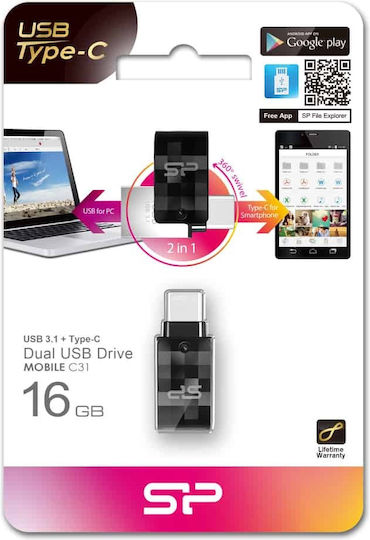 Silicon Power Mobile C31 16GB USB 3.1 Stick με σύνδεση USB-A & USB-C Γκρι