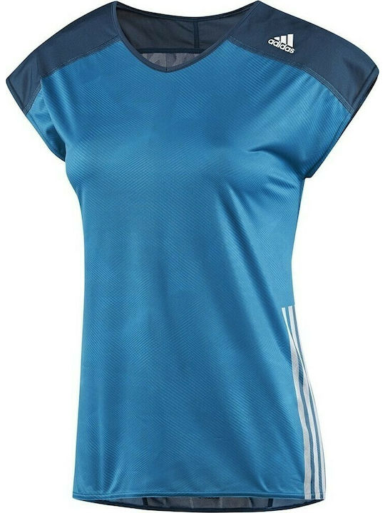 Adidas Adizero Short Sleeve Tee Damen Sport T-Shirt Schnell trocknend mit V-Ausschnitt Blau