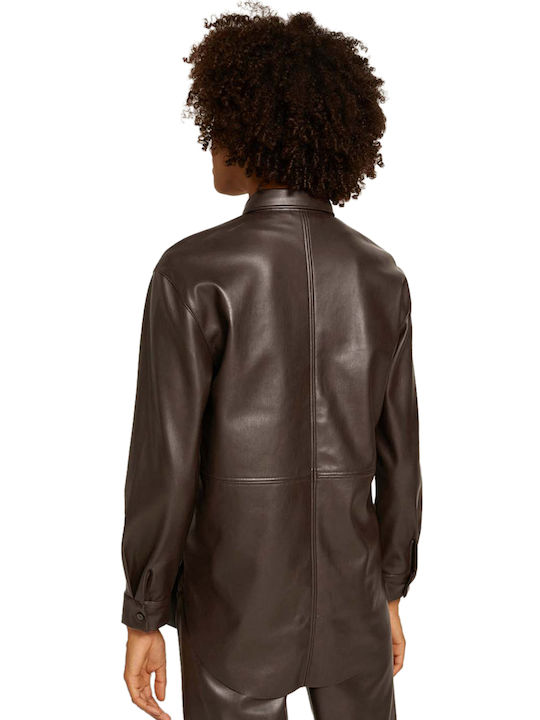 Tom Tailor Women's Leather Monochrome Long Sleeve Shirt Brown