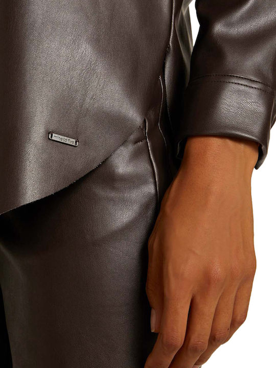 Women's Leather Monochrome Long Sleeve Shirt Brown