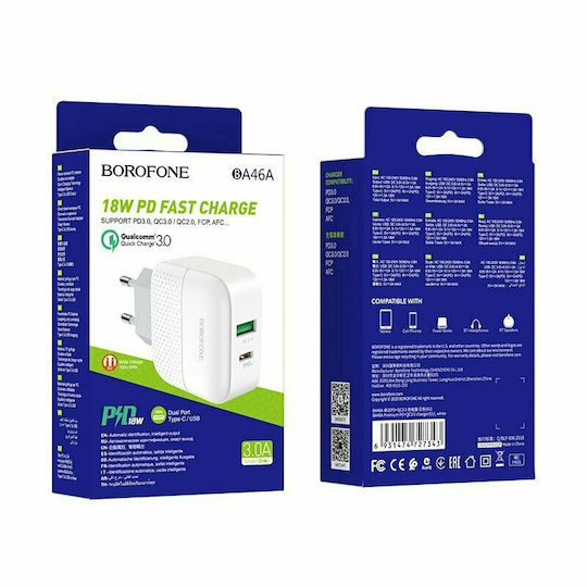 Borofone Charger Without Cable with USB-A Port and USB-C Port 18W Power Delivery / Quick Charge 3.0 Whites (BA46A)