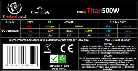 Rebeltec Titan 500W Schwarz Computer-Netzteil Semi-Modular