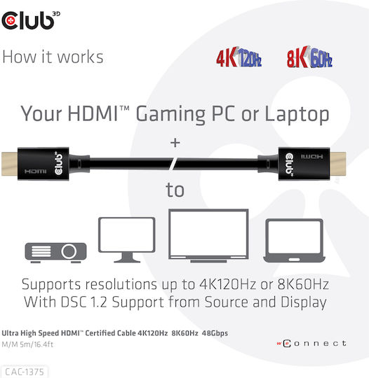Club3D HDMI 2.1 Ultra High Speed 48Gbps 4K 120Hz HDR VRR Cable HDMI Male - HDMI Male 5m Black