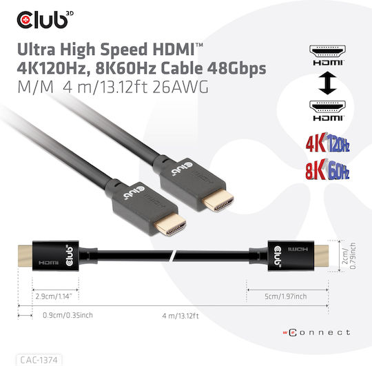 Club3D HDMI 2.1 Ultra High Speed 48Gbps 4K 120Hz HDR VRR Cable HDMI male - HDMI male 4m Μαύρο