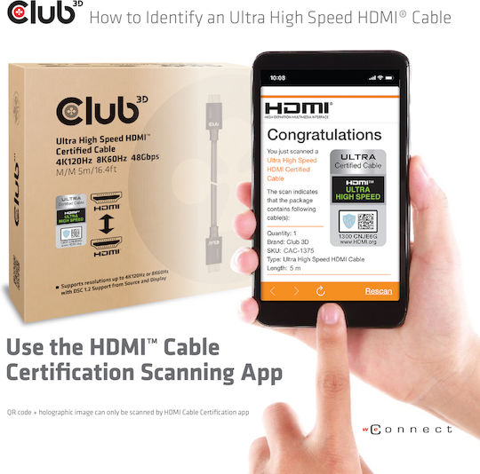 Club3D HDMI 2.1 Ultra High Speed 48Gbps 4K 120Hz HDR VRR Cable HDMI Male - HDMI Male 5m Black