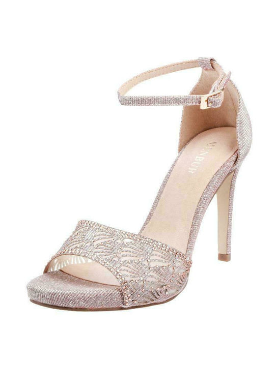 Menbur Women's Sandals with Ankle Strap Pink with Thin High Heel