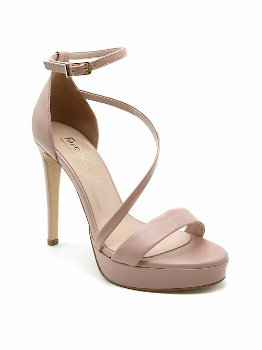 Fardoulis Leather Women's Sandals with Ankle Strap Nude