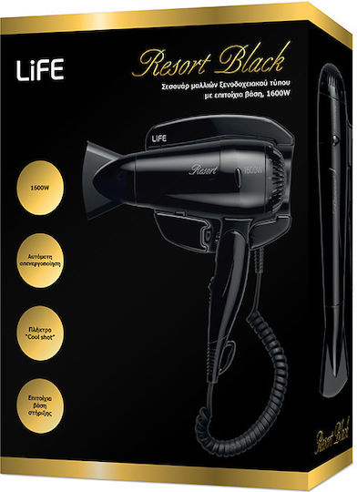 Life Resort Black Hotel Hair Dryer 1.6kW with Spiral Cable up to 150cm