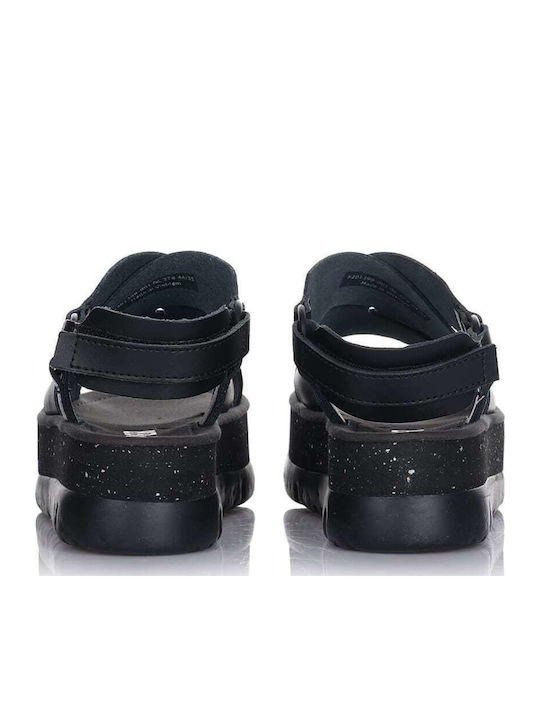 Oruga Up Leather Women's Flat Sandals Anatomic with Strap Flatforms in Black Color