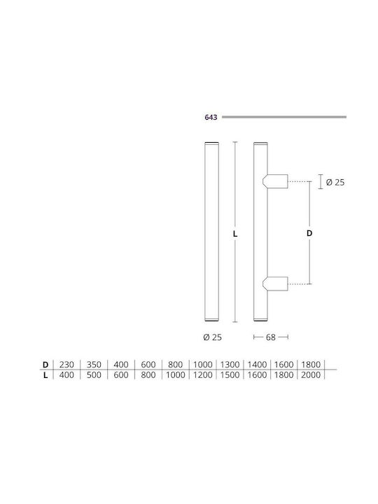 Front door handle Convex 643 Nickel Matt - stainless steel Overall Length 1600mm Pair