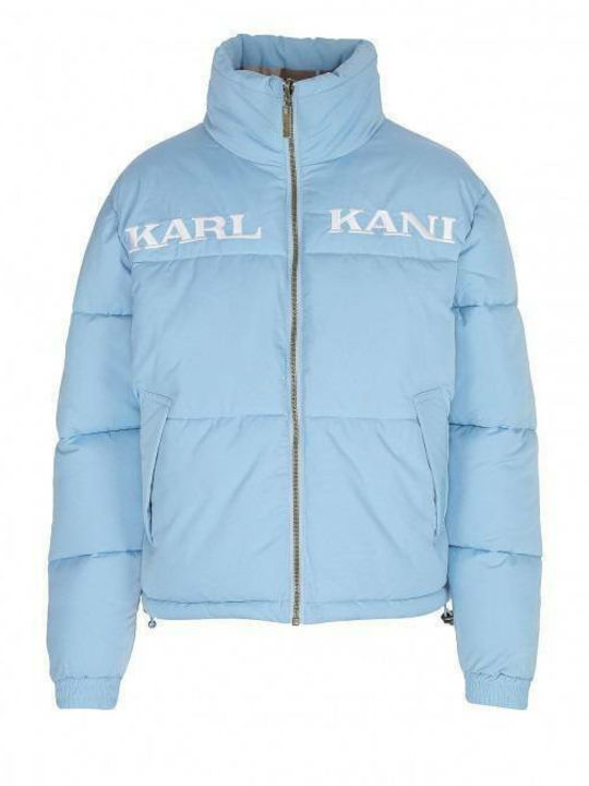 Retro Reversible Women's Short Puffer Jacket Double Sided for Winter Light Blue