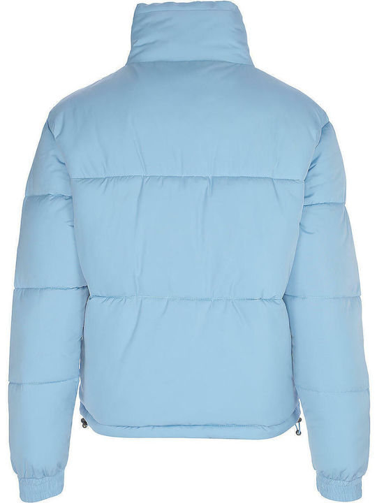 Retro Reversible Women's Short Puffer Jacket Double Sided for Winter Light Blue