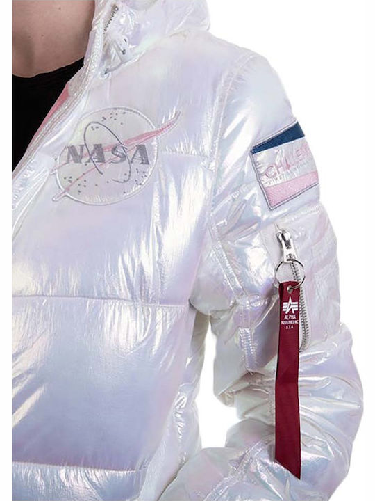 Women's Short Puffer Jacket for Winter with Hood White