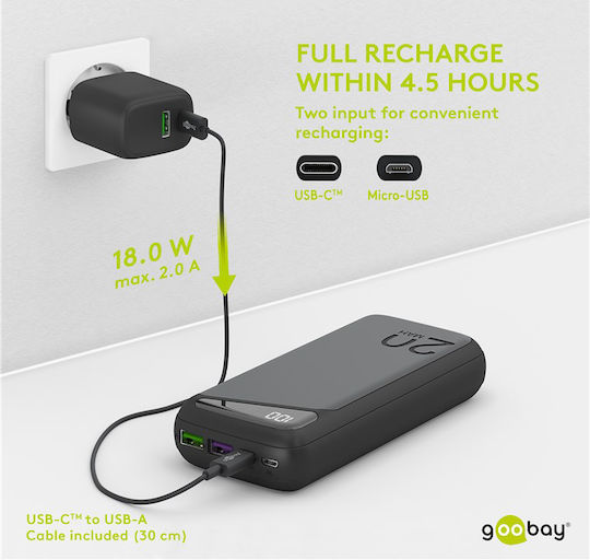 Goobay 53939 Power Bank 20000mAh 22.5W with 2 USB-A Ports and USB-C Port Power Delivery / Quick Charge 3.0 Black