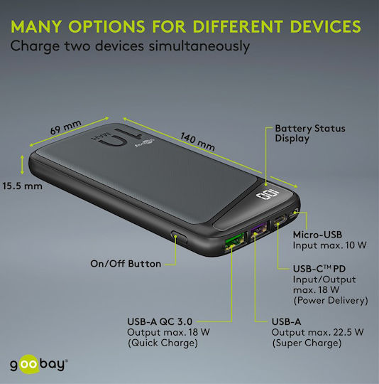 Goobay 53936 Baterie Externă 10000mAh 22.5W cu 2 Porturi de Ieșire USB-A și Port USB-C Încărcare Rapidă Neagră