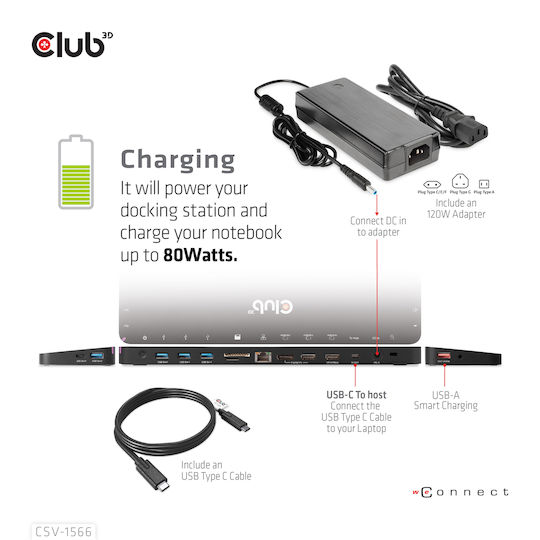 Club3D USB-C Docking Station με HDMI/DisplayPort 4K PD Ethernet Μαύρο (CSV-1566)