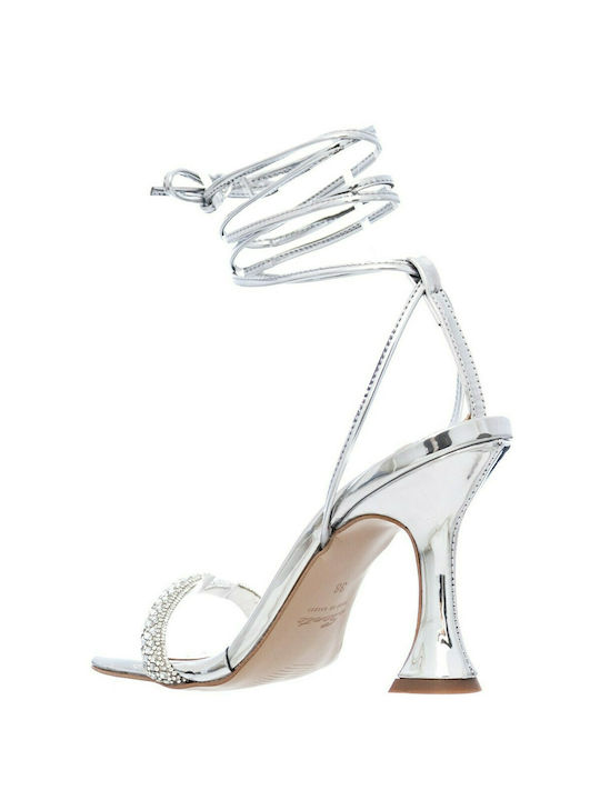 Patent Leather Women's Sandals with Strass & Laces Silver with Thin High Heel